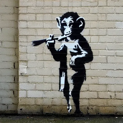 Prompt: banksy art monkey with sword, wall with city street background