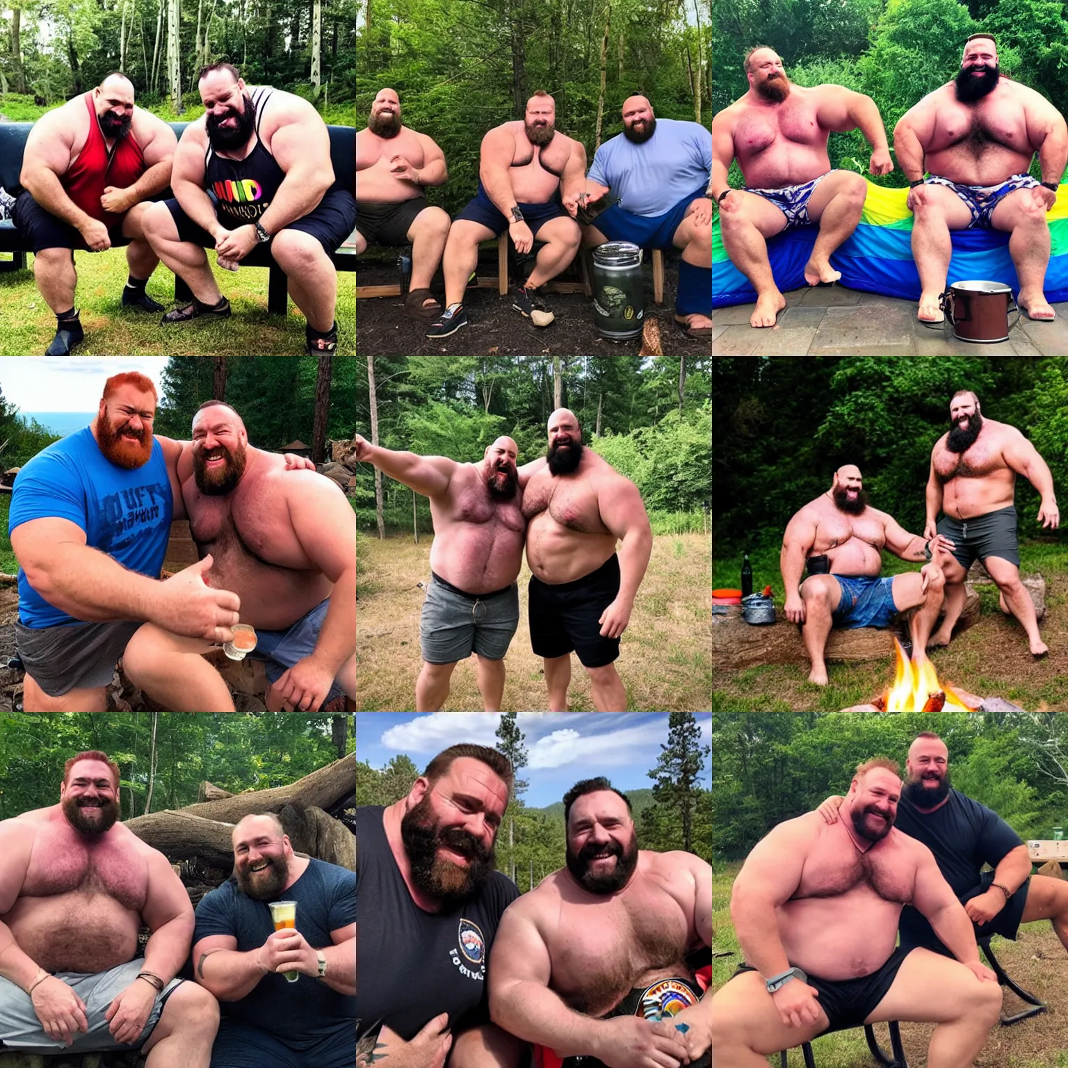 Prompt: a couple of big burly strongmen drinking beers in front of a campfire and celebrating pride month together, dad energy, shorts, flip flops.