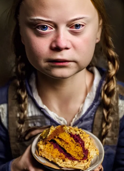 Image similar to closeup portrait of greta thunberg as a medieval goblin eating cakes, depth of field, zeiss lens, detailed, symmetrical, centered, fashion photoshoot, by Annie Leibovitz and Steve McCurry, David Lazar, Jimmy Nelsson, Breathtaking, 8k resolution, extremely detailed, beautiful, establishing shot, artistic, hyperrealistic, beautiful face, octane render