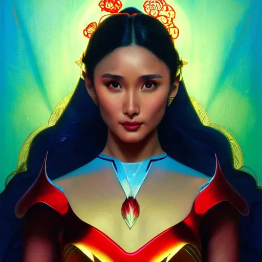 Image similar to heart evangelista as darna, volumetric lights, red and cyan theme, art nouveau botanicals, intricate, highly detailed, digital painting, artstation, concept art, smooth, sharp focus, cinematic, illustration, beautiful face, art by artgerm and greg rutkowski and alphonse mucha