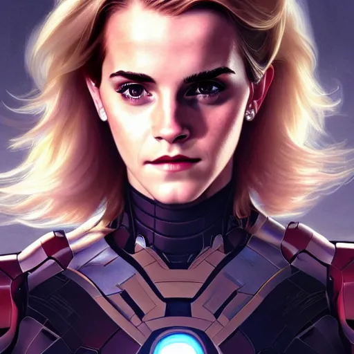 Image similar to Blonde Emma Watson in an Iron Man suit, western, closeup, D&D, fantasy, intricate, elegant, highly detailed, digital painting, artstation, concept art, matte, sharp focus, illustration, art by Artgerm and Greg Rutkowski and Alphonse Mucha