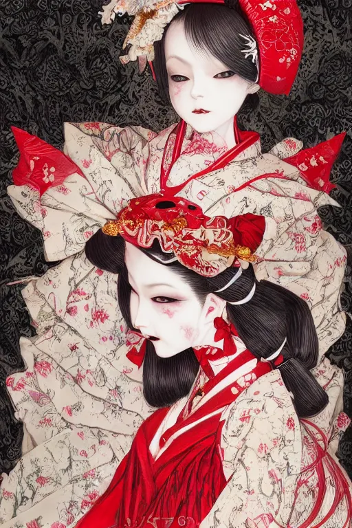 Prompt: japanese bjd geisha vampire in victorian red dress in the style of dark - fantasy lolita fashion painted by yoshitaka amano, takato yamamoto, james jean, symmetrical vogue face portrait, volumetrics, intricate detail, artstation, cgsociety, artgerm, gold skulls, rococo