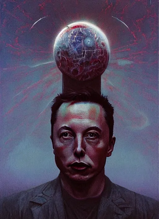 Image similar to A painting of Elon Musk in style of Beksinski. Very detailed