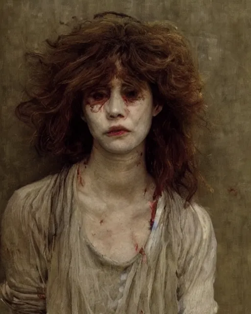 Prompt: a handsome but creepy woman in layers of fear, with haunted eyes and wild hair, 1 9 7 0 s, seventies, wallpaper, a little blood, moonlight showing injuries, delicate embellishments, painterly, offset printing technique, by jules bastien - lepage