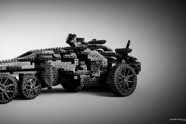 Image similar to the lego batmobile is standing ina cave. highly detailed. intricate. mist. octane render. rim light. photoreal. 8 k. monochrome. cinematic.