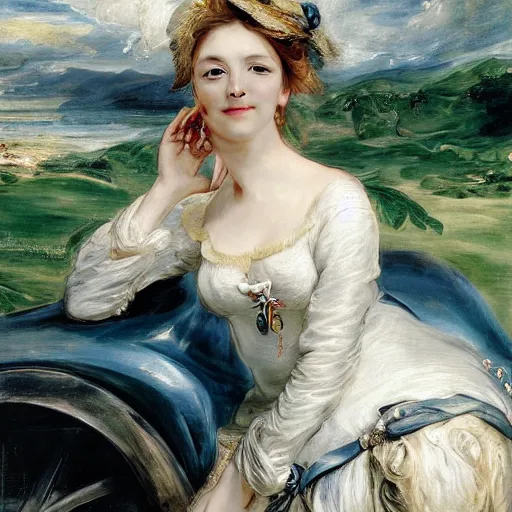 Prompt: heavenly summer sharp land sphere scallop well dressed lady waiting in front of a car, auslese, by peter paul rubens and eugene delacroix and karol bak, hyperrealism, digital illustration, fauvist, waiting in front of a car