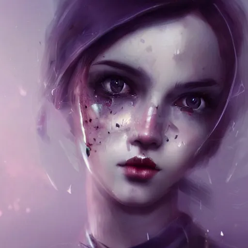 Image similar to a beautiful woman’s face shattered like a porcelaine doll, blurred dystopian city background, sad and dark atmosphere, cinematic, dramatic lighting, trending on Artstation, Cgsociety, concept art