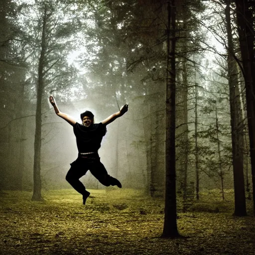 Image similar to An award winning photograph of a a ninja in a moody forrest jumping