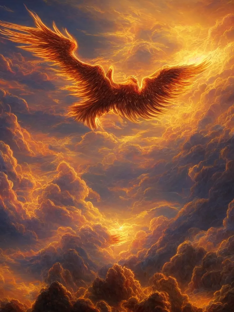 Prompt: A golden fire-burning phoenix flying in the clouds, A beam of holy light hits the phoenix，fantasy matte painting，rich colors, high details，Flame effect，light effect，by Fenghua Zhong and Thomas Kinkade,trending on cgsociety and artstation，8kHDR， Houdini particle effects，-n 4