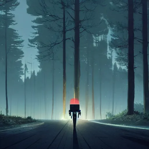 Image similar to Beautiful cinematic scene of a robot walking alongside an empty road surrounded by trees, at night, soft lighting, peaceful, science fiction, award-winning, cinematic lighting, insanely detailed, very realistic, Artstation, Cgsociety, by Simon Stalenhag