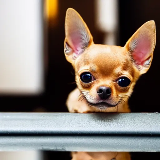 Image similar to a honey colored chihuahua puppy looking at his reflection in the mirror from the front