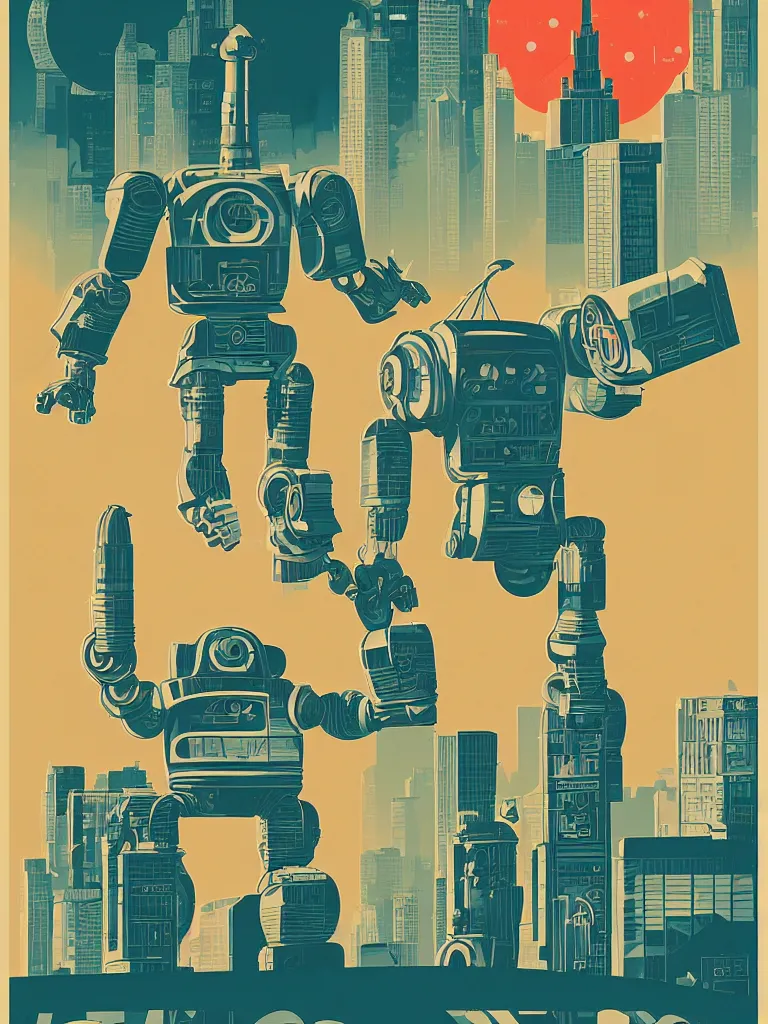 Image similar to tom whalen poster illustration of a large retro science fiction robot towering above a suburban neighbourhood, vintage muted colors, some grungy markings