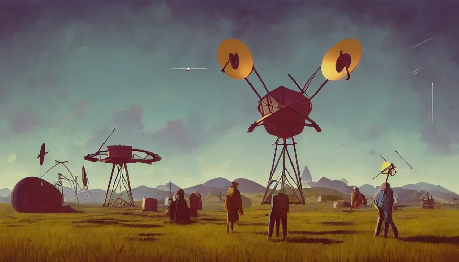 Image similar to space antennas, sun in the sky, early morning, open field, mountains in the background, hexagon blocking the sun, simon stalenhag, art deco painting