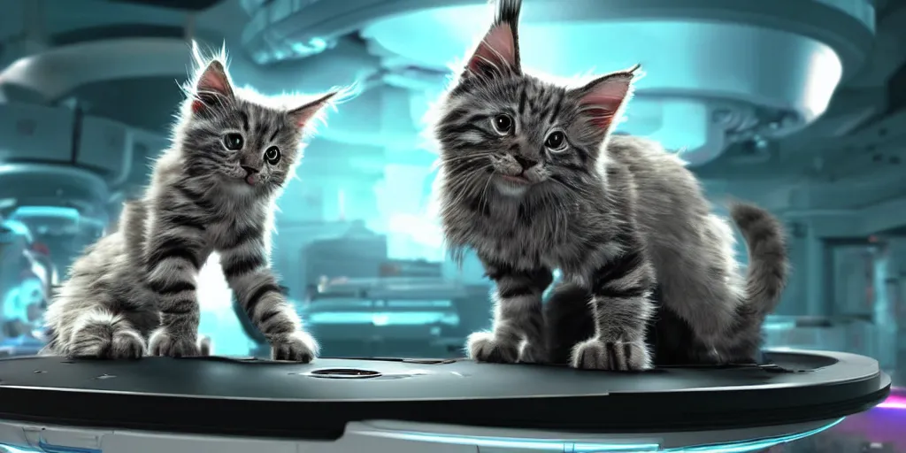 Image similar to a d rendered movie still a cute robotic kitten with rgb ambient lighting implants. the robot maine coon kitten. in the background is a cyberpunk cat tree with rgb dramatic lighting. science fiction blockbuster movie from the future, imax 7 0 mm. octane 3 d render, style of mandalorian ( american space western television series )