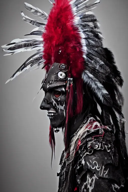 Image similar to the ghost - spirit of the grim - warpaint wears the scarlet skull armor and native blood headdress feathers, midnight fog - mist!, cinematic lighting, various refining methods, micro macro autofocus, ultra definition, award winning photo