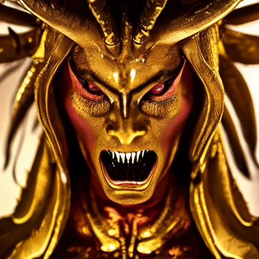 Image similar to a demon inspired by gold created by the make up artist hungry, photographed by andrew thomas huang, cinematic, expensive visual effects
