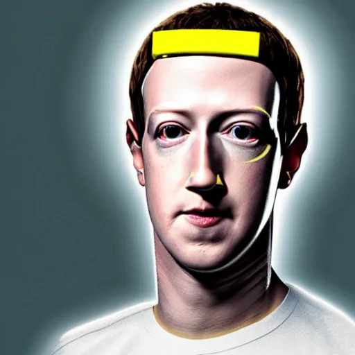 Image similar to Mark Zuckerberg as Data from Star Trek, with white face paint and yellow contacts