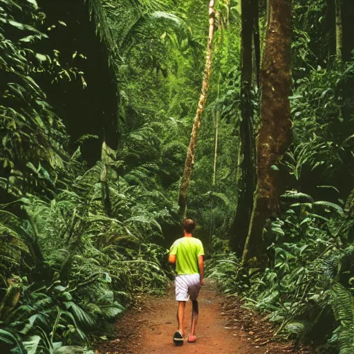 Prompt: sporty guy in acid-green sneakers, runs alone through a jungle with tall trees, shot from the back, by Steve McCurry , Cinestill 800t 35mm, heavy grainy picture, very detailed, high quality, 4k, HD criterion, precise texture,