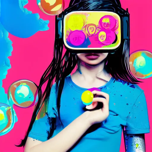 Image similar to illustration of cyberpunk girl with bubble gum in vr helmet, colorful splatters, by andy warhol and by zac retz and by kezie demessance