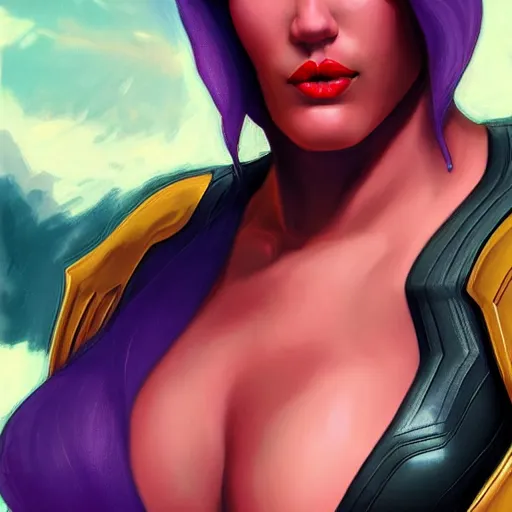 Image similar to thanos as a feminine beautiful muscular woman dressed as a battle nun, red lips, attractive, highly detailed full body portrait, pretty face, elegant, breathtaking art, concept art, by artgerm and ilya kuvshinov