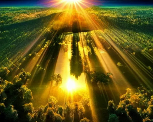 Prompt: the world seen from above. 16k utopian future serene beautiful landscape photography of the garden of eden. lake reflections in the foreground, fruit tree's and animals everywhere. sun rays shining through the trees. lens flare. sunset, dramatic lighting by Marc Adamus on mushrooms.