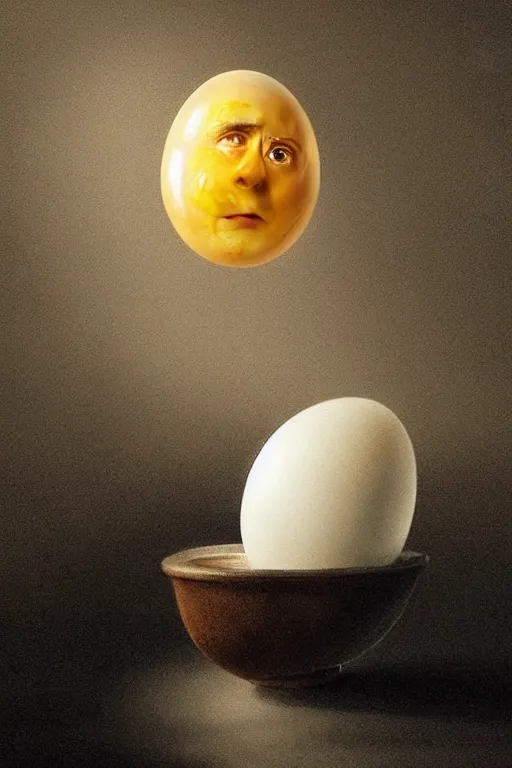 Prompt: a boiled egg with with edward norton's face inside the egg, highly detailed, dramatic lighting, concept art by caravaggio and greg rutkowski and artgerm