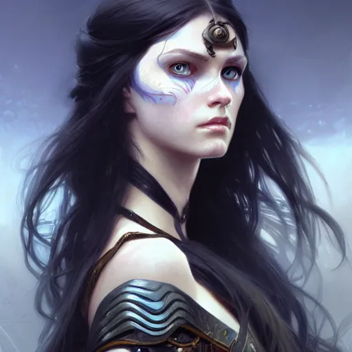 Image similar to Portrait of female warrior, D&D, blue eyes, face, long black hair, fantasy, intricate, elegant, highly detailed, digital painting, artstation, concept art, smooth, sharp focus, illustration, art by artgerm and greg rutkowski and alphonse mucha