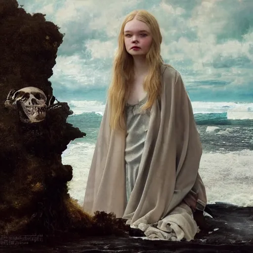 Prompt: Elle Fanning in a black robe holding a skull on the beach, head and shoulders portrait, stormy weather, extremely detailed masterpiece, Roger Deakin’s cinematography, oil on canvas, Norman Rockwell,