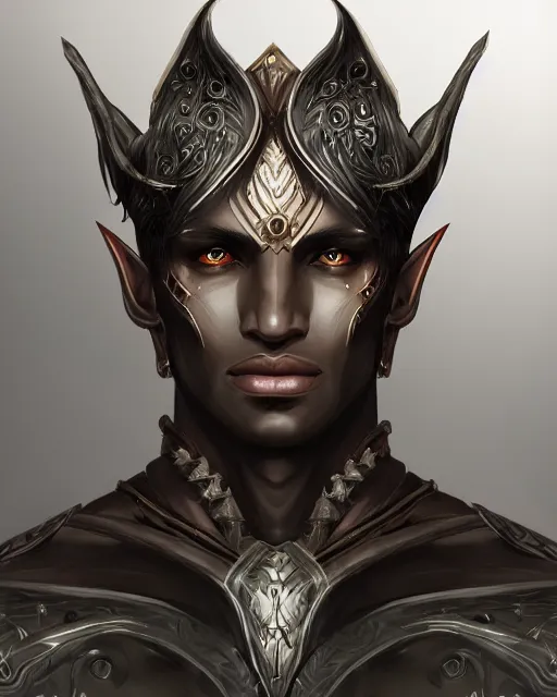 Image similar to portrait of a handsome male dark elf, obsidian skin, fantasy, intricate, elegant, highly detailed, digital painting, artstation, concept art, sharp focus, illustration