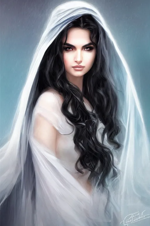 Image similar to Ameera al-Taweel, blue eyes, long wavy black hair, fierce look, white veil, closeup, focus face, elegant, highly detailed, centered, digital painting, artstation, concept art, art by artgerm