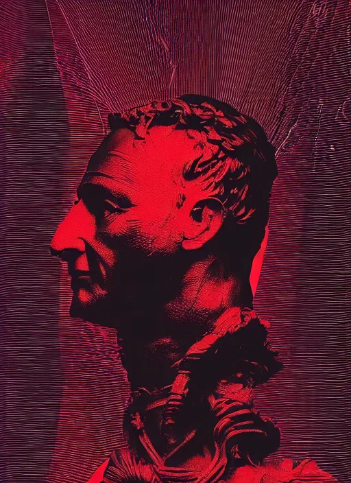 Image similar to design poster showing a statue of julius caesar, black background with very subtle red and purple design elements, powerful, nekro, vito acconci, graphic design, collage art, thin lines, dark, glitch art, neo vaporwave, gritty, layout frame, square, trending on artstation