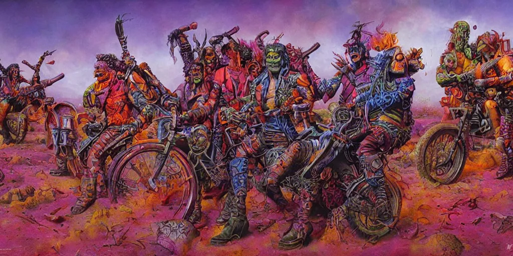 Prompt: psychedelic post apocalyptic orc biker gang, sharp focus, psychedelic colors, michael whelan, boris vallejo