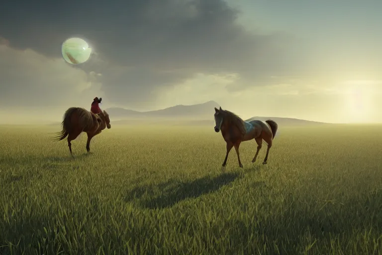 Prompt: a cinematic photograph of a chicken riding a horse through a vast serene landscape, rivers and fields run through the landscape and the sun rises over the hilltops, hyper realistic, unreal engine 5, by beeple