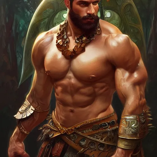 Image similar to fullbody portrait of hasan piker, muscular, upper body,big chest, amazon warrior, fantasy, intricate, elegant, highly detailed, digital painting, artstation, concept art, matte, sharp focus, illustration, art by Artgerm and Greg Rutkowski and Alphonse Mucha