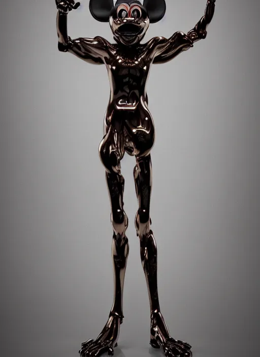 Image similar to stylized shiny polished silver statue full body extra limbs bizarre cosmic horror demonic demon made of marble of disney character mickey mouse, perfect symmetrical body, perfect symmetrical face, hyper realistic, hyper detailed, by johannen voss, by michelangelo, octane render, blender, 8 k, displayed in pure white studio room