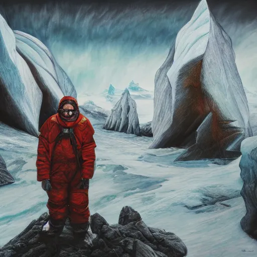 Image similar to menacing absence trailblazer Antarctica glacial cult incomprehensible topology ambience, realistic fantasy, oil painting, extremely high detail, photorealistic, cinematic lighting, oil painting, intricate line drawings, 4k resolution