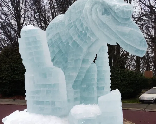 Image similar to ice sculpture inspired by a man made sculpture of a dinosaur. angels everywhere.