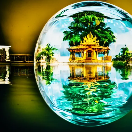 Image similar to macro photo of a temple inside a water sphere, depth of field, highly detailed photo