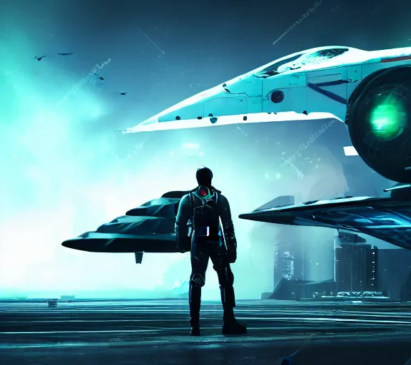 Image similar to fighter pilot stands beside futuristic sci fi fighter jet landed at runway of cyberpunk city, night photo ,dark cinematic lighting , digital concept art