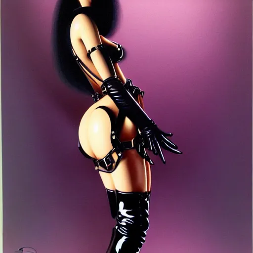 Prompt: woman with black hair in knee high leather boot, latex 1 9 8 0's art, airbrush style, art by hajime sorayama,, intricate, elegant, sharp focus, illustration, highly detailed, h 6 4 0