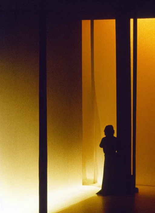 Image similar to a bright silhouette hovers above the ground inside of a hall. liminal, cozy, set design by alessandra querzola ( 1 9 8 8 )