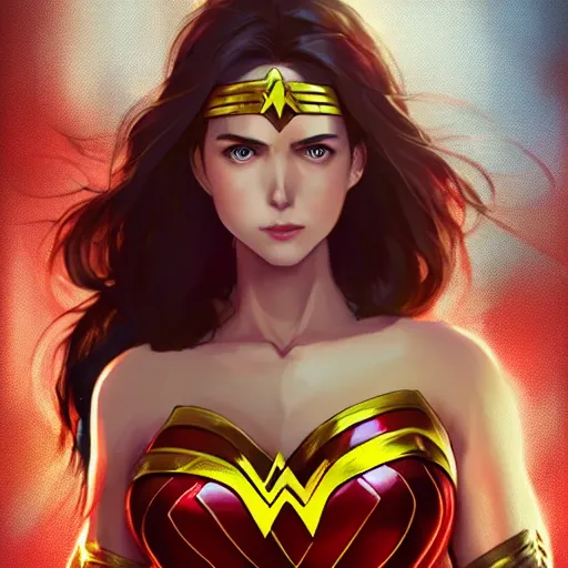 Image similar to A potrait of realistic anime wonder woman, digital painting, by WLOP and Rossdraws, digital painting, trending on ArtStation, deviantart