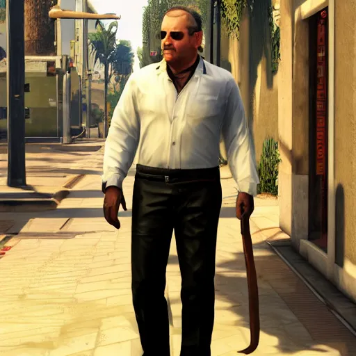 Image similar to a midage italian male, beardless, short black hair with gel, overweight, fine white shirt, leather belt, black pants, leather shoes, smoking a cigar, full body, gta v style, concept art, highly detailed, hyper realistic, unreal engine