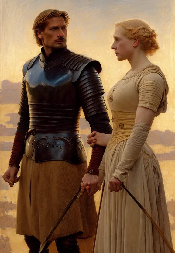 Prompt: attractive handsome fully clothed jaime lannister confesses his love for attractive fully armored brienne of tarth. centered composition. highly detailed painting by gaston bussiere and j. c. leyendecker and william adolphe bouguereau and fra angelico and octane render, musee d'orsay 8 k