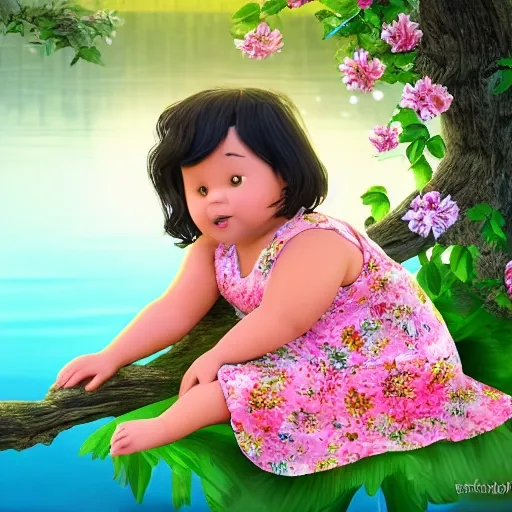 Prompt: spectacular scene of a little fat sweet girl with flowery dress, sitting on a curly branch, by the beautiful lake and hugging a colorful fish. clear beautiful fat face. morning time. an amazingly beautiful scene. beautiful lighting, 4 k post - processing, trending in art station, cg society, highly detailed, 5 k extremely detailed, 3 d. cinematic scene.