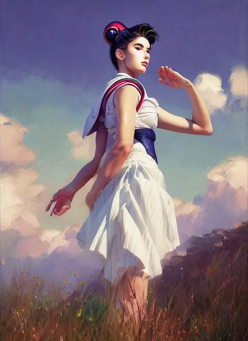 Image similar to portrait of Sailor Moon, countryside, calm, fantasy character portrait, dynamic pose, above view, sunny day, thunder clouds in the sky, artwork by Jeremy Lipkin and Giuseppe Dangelico Pino and Michael Garmash and Rob Rey, very coherent asymmetrical artwork, sharp edges, perfect face, simple form, 100mm