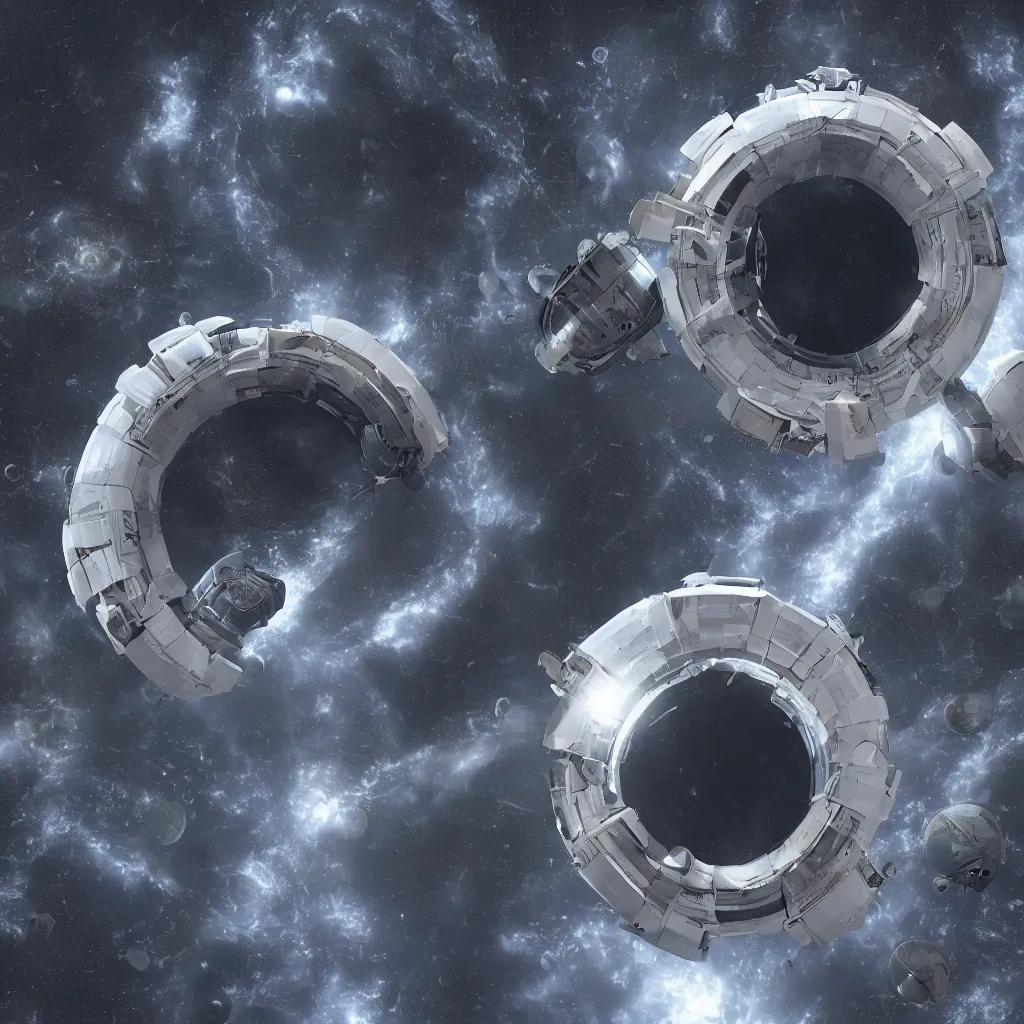 Image similar to a torus shaped space station made of white metal, view from above, endless cosmos in the background, 8K resolution, unreal engine, realistic, highly detailed, digital painting, artstation, concept art, illustration