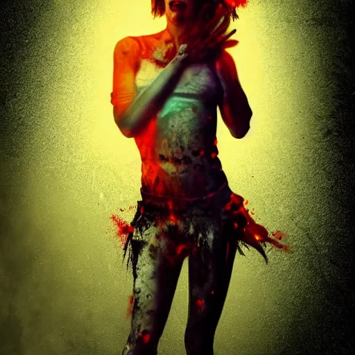 Image similar to angry zombie full body portrait of milla jovovich in an urban szene, grimdark horror, stylized digital illustration, radiating a glowing aura, global illumination, ray tracing, hdr, fanart arstation by ian pesty and katarzyna bek - chmiel