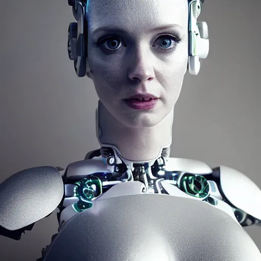 Prompt: beautiful centered Fine art photo portrait of Christina Hendricks as a solarpunk robotic humanoid, white mechanical parts with led lights, photorealistic, white background, highly detailed and intricate, suns lighting, HDR 8k