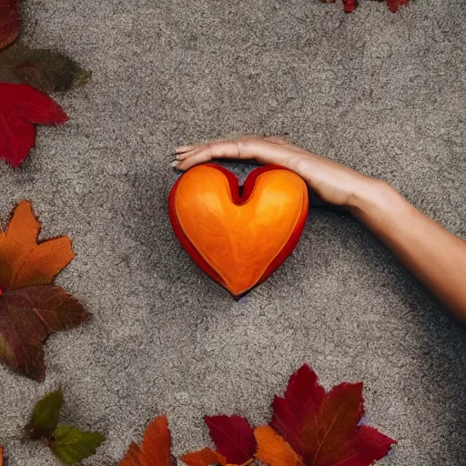 Prompt: autumnal colours, woman holding an anatomically correct heart in her hands